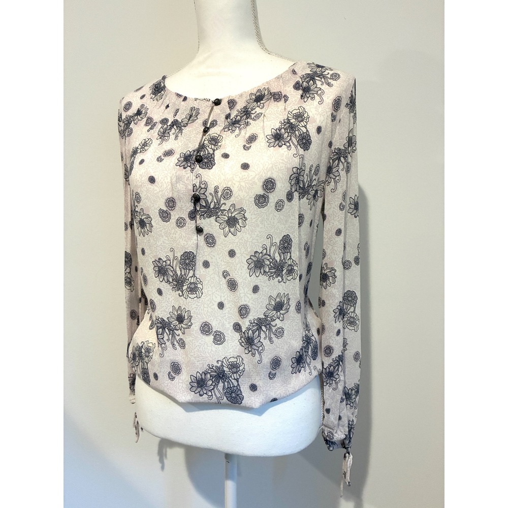 Lucky Brand Women's S Floral Blouse Boho Peasant Top Long Sleeve Elastic Hem